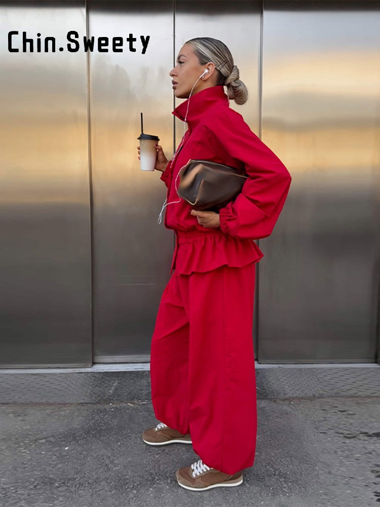 Ensemble décontracté pour femme : veste fine à col montant et volants, pantalon ample à nouer aux chevilles – Collection Automne 2026