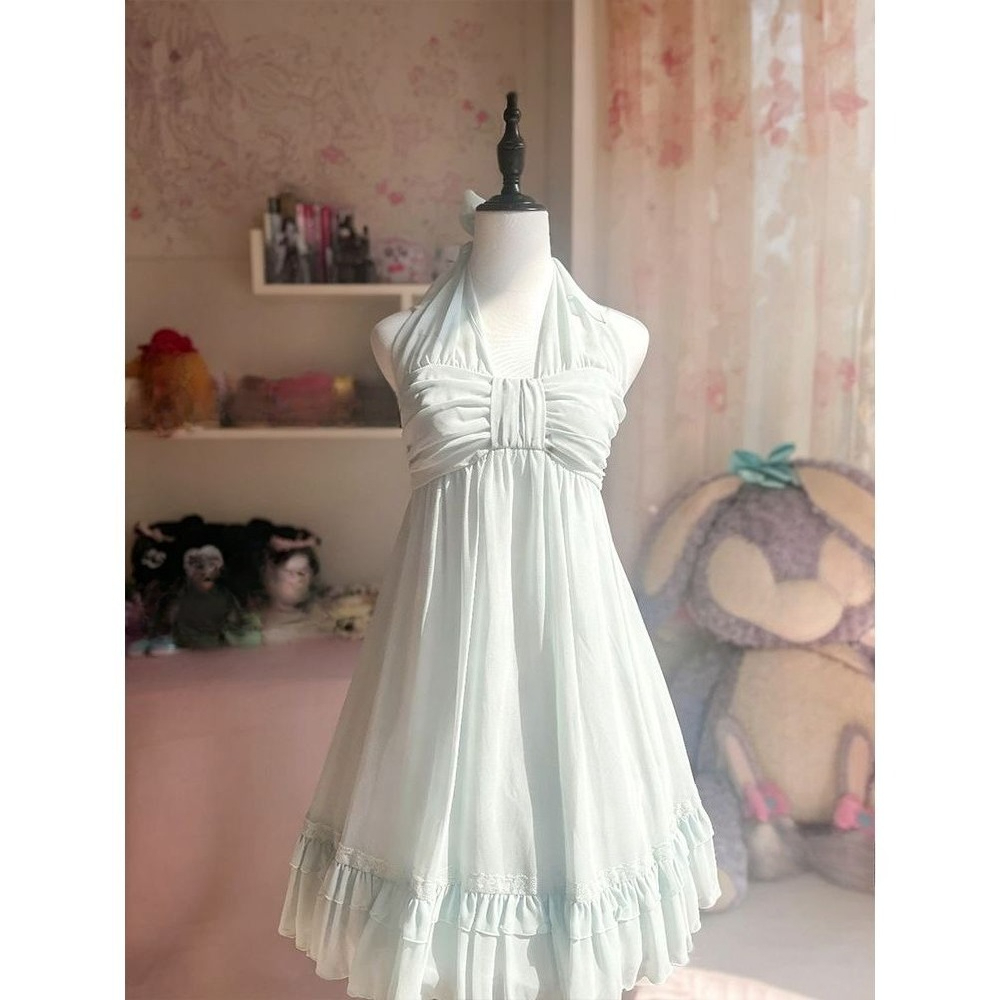 Robe Vintage Kawaii Élégante pour Femme, Col Halter, Buste Froncé, Ourlet à Volants en Dentelle Superposée, Robe Romantique Quotidienne ou de Soirée, Vêtement Féminin