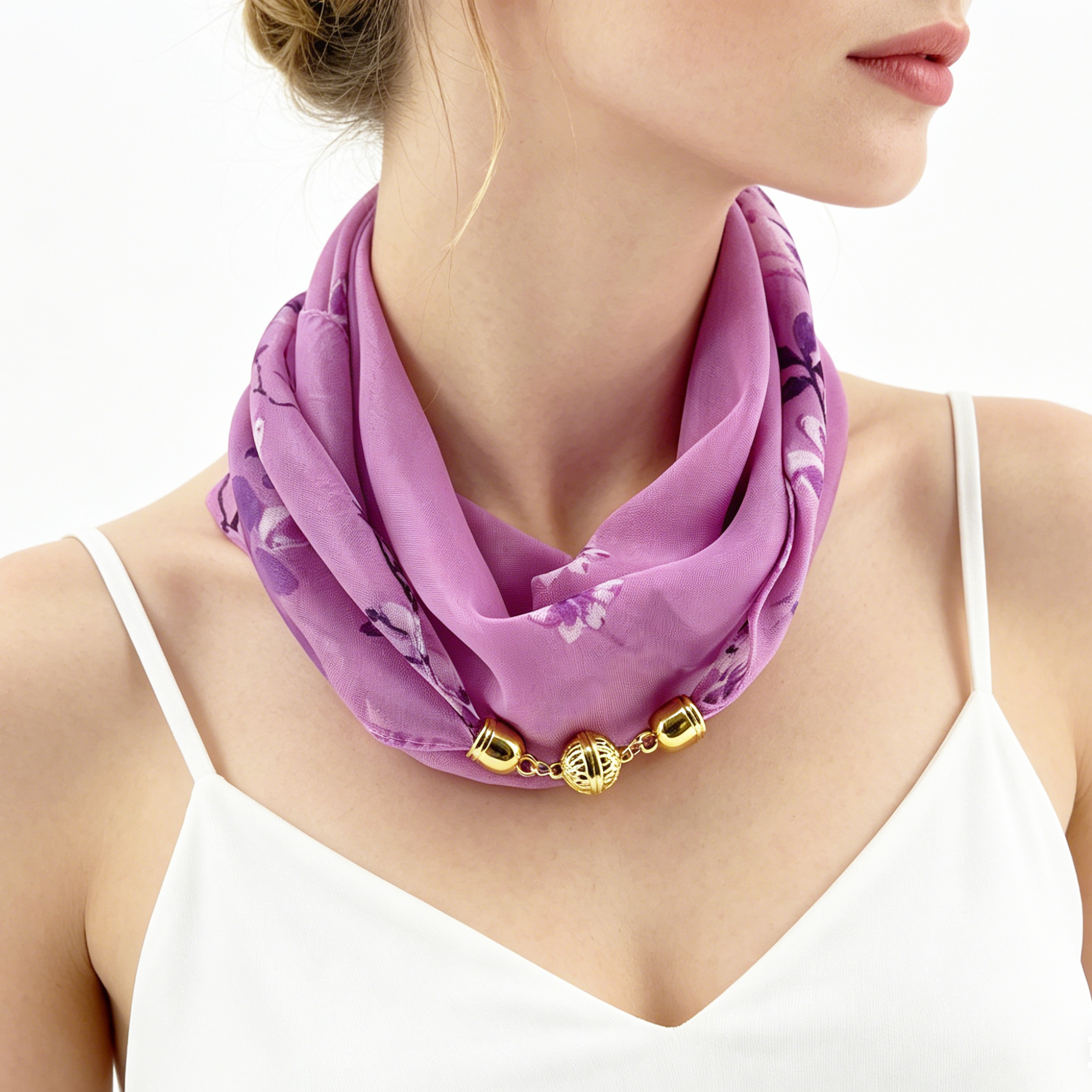 1 pièce Foulard-collier en mousseline imprimé floral blanc et rose pour femme, avec pendentif boule dorée magnétique, accessoire de mode pour le cou