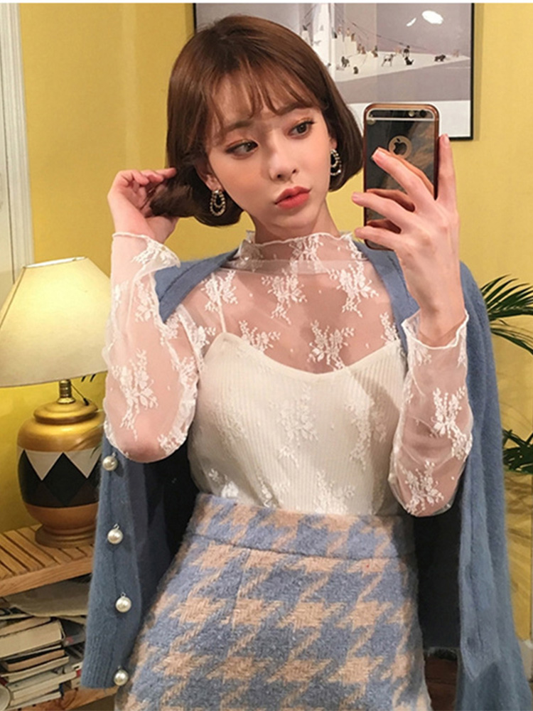 Été femmes dentelle broderie florale Blouses chemise dames hauts Sexy maille Blouses Transparent élégant Transparent chemise noire