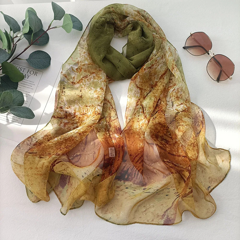 Été arbre de vie en mousseline de soie crème solaire Foulard en soie plage longues écharpes châle femmes léger respirant Georgette Foulard Bandana