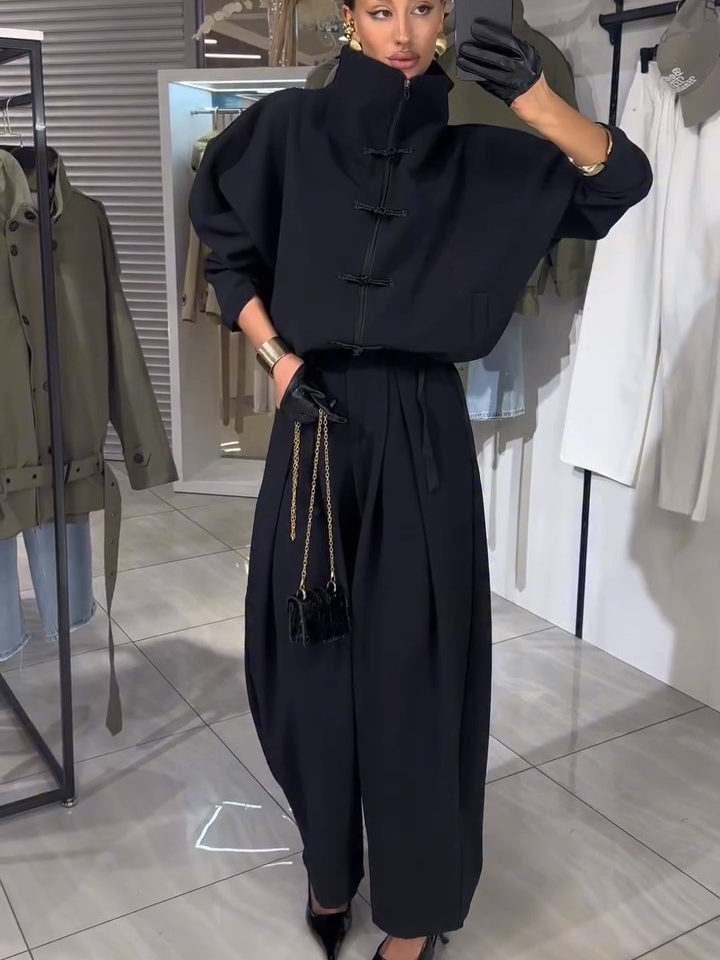 Ensemble pantalon deux pièces pour femme : Veste à boutons grenouille et pantalon large drapé à cordon de serrage – Vêtements femme printemps-été