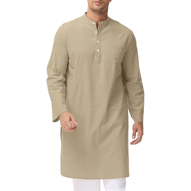 Nouveau loisirs hommes chemise musulmane islamique arabe coton col montant à manches longues Blouse pakistanaise haute qualité rétro longs hauts S-3XL