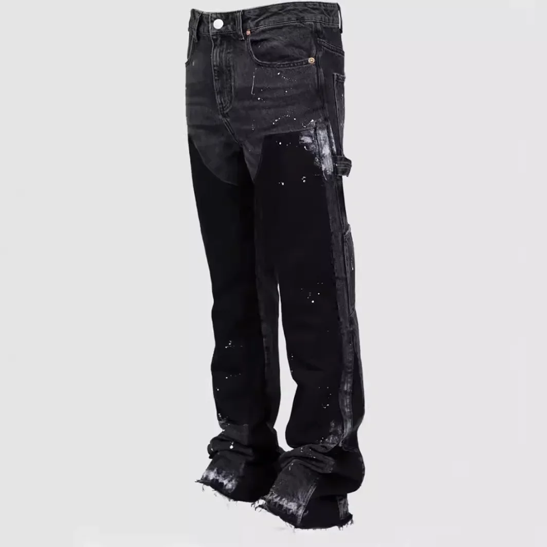 Pantalons de travail en jean pour hommes, vêtements de travail à la mode européenne et américaine, pantalons évasés en couches en Denim Patchwork élastique, S-XXL