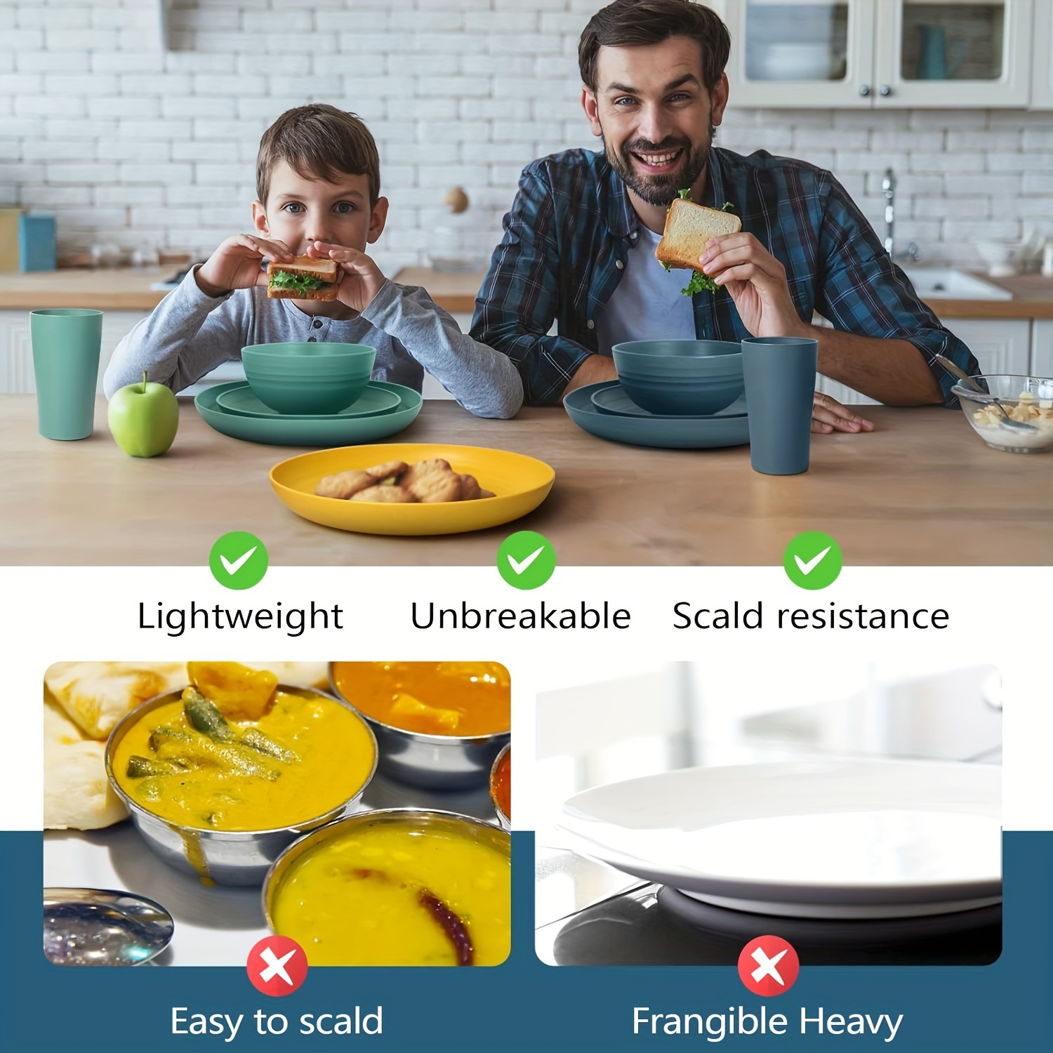 Service de vaisselle en plastique de cuisine 32 pièces, service pour 8 assiettes queplate, assiette à dessert, bols à céréales, standard, incassable