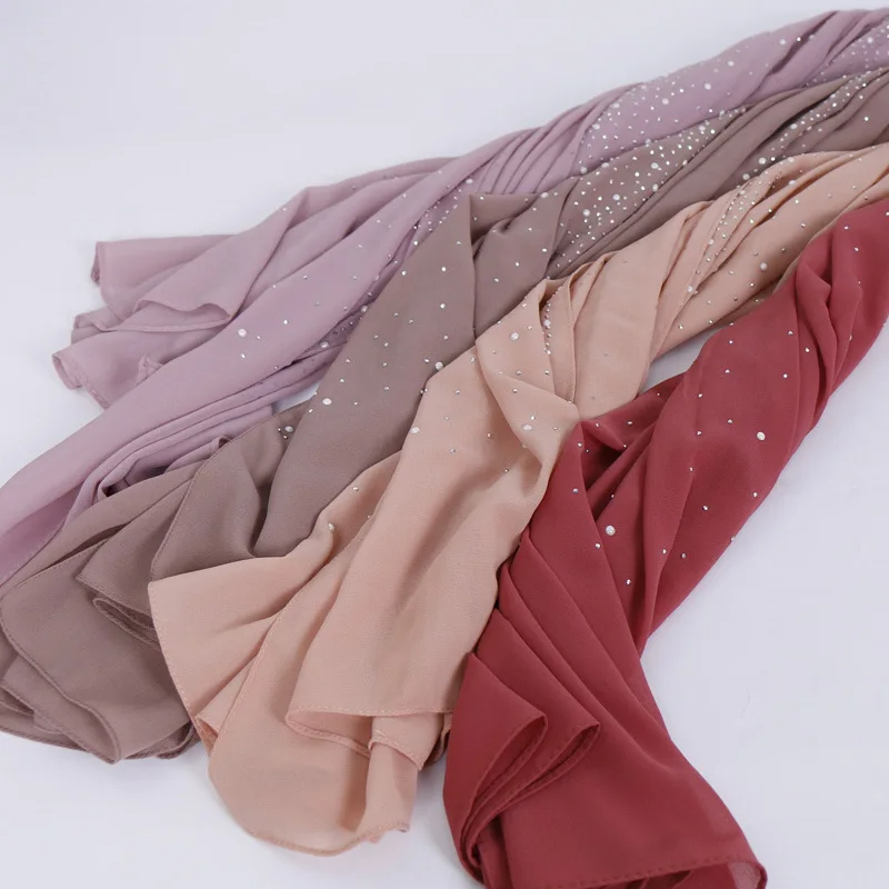 180*70CM nouvelles perles de diamant unies bulle en mousseline de soie châles Hijab instantanés solide épais bandeau Foulard Sjaal Bonnet musulman Cachecol