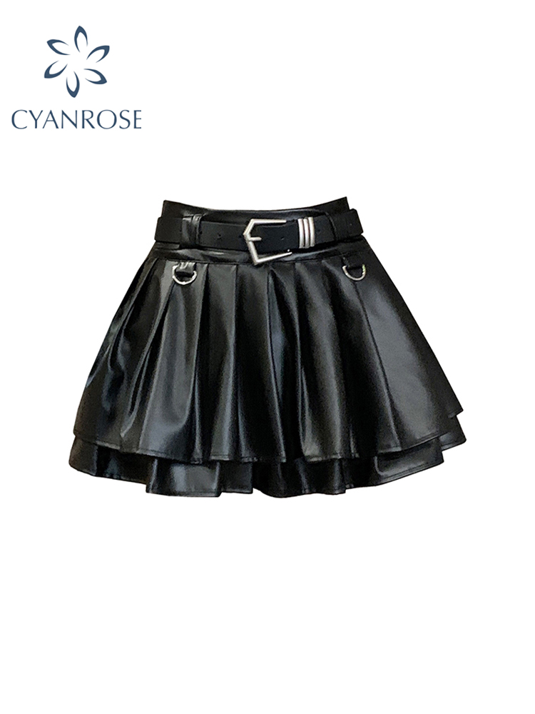 Jupe trapèze en cuir noir pour femme, vintage, esthétique, plissée, Harajuku, coréen, gothique, Mini, Emo, vêtements d'été des années 2000, Y2k