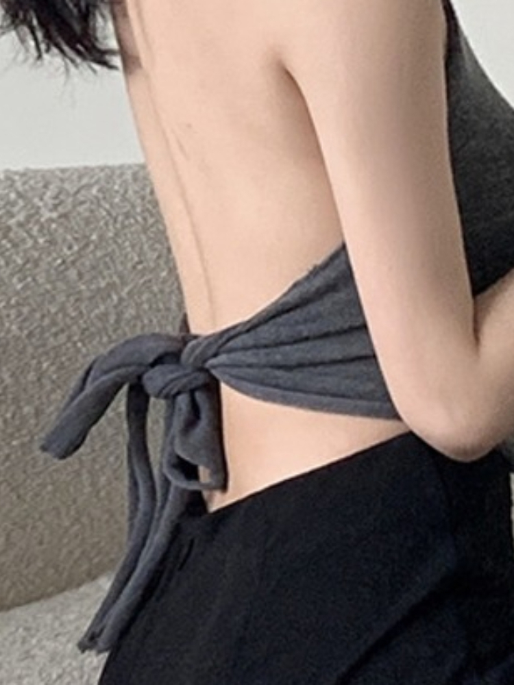 Crop Top Style Coréen Pure Desire Sweet pour Femme, Débardeur Y2K Halter à Nouer Dos Nu en Maille Sans Manches, Cami Extérieur Flatteur pour la Silhouette