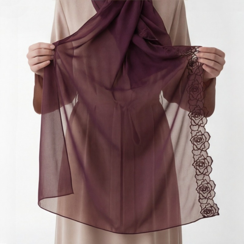 Nouveau Hijab en Chiffon Brodé de Roses Florales 2026, 70×180cm, pour Femmes Musulmanes, Foulard Islamique de Luxe Africain, Ramadan Aïd