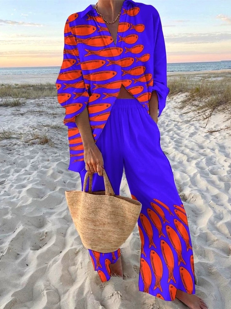 Ensemble de vacances d'automne pour femmes, chemise imprimée à manches longues + pantalon à jambes larges, ensemble 2 pièces pour femmes, vêtements Boho, nouvelle collection