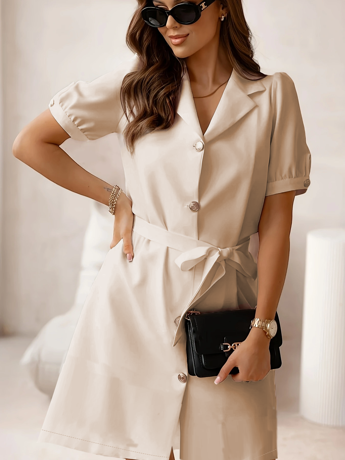 Robe chemise élégante en satin imitation acétate pour femme, robe d'été tendance pour le travail