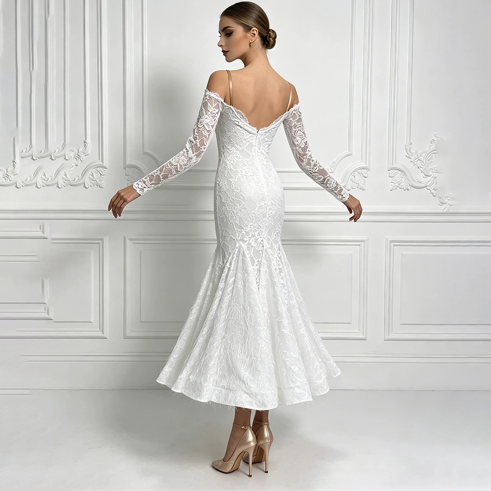 Robe de danse de salon élégante pour femmes, en dentelle blanche, épaules dénudées, manches longues, costumes de danse moderne, vêtements de performance pour valse et tango