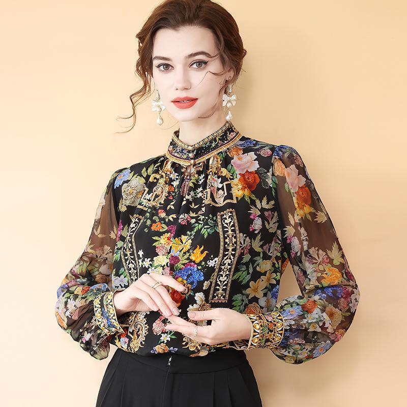 Chemise à manches longues à col montant pour femme, pull élégant, haut polyvalent, imprimé rétro, simulé, nouveau style, printemps 2025