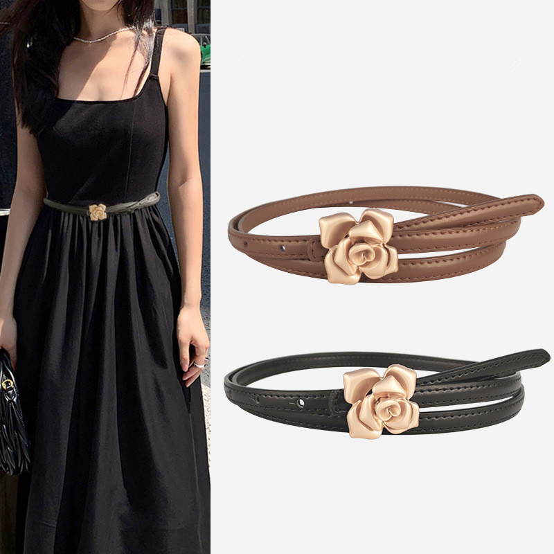 Ceinture fine en cuir pour femmes, taille florale, peau de vache fine avec pull, ceintures pour robe, marque de luxe de styliste, nouvelle collection