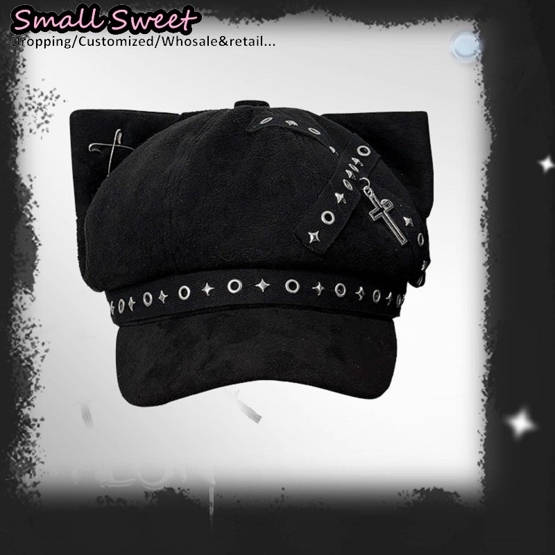 Béret gothique Lolita Steampunk oreilles de chat Y2k pour fille, casquette de Baseball à rivets, Punk sous-culturel foncé, croix, Streetwear, casquette octogonale