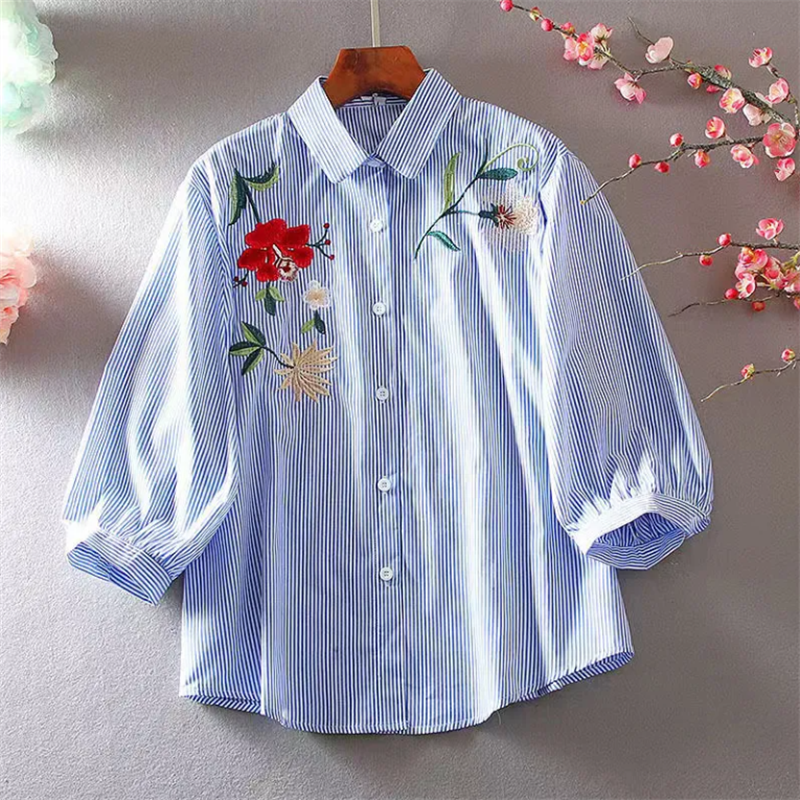 Chemise brodée pour femme, chemisier artistique blous rétro, cardigan à revers, vêtements de loisirs d'été