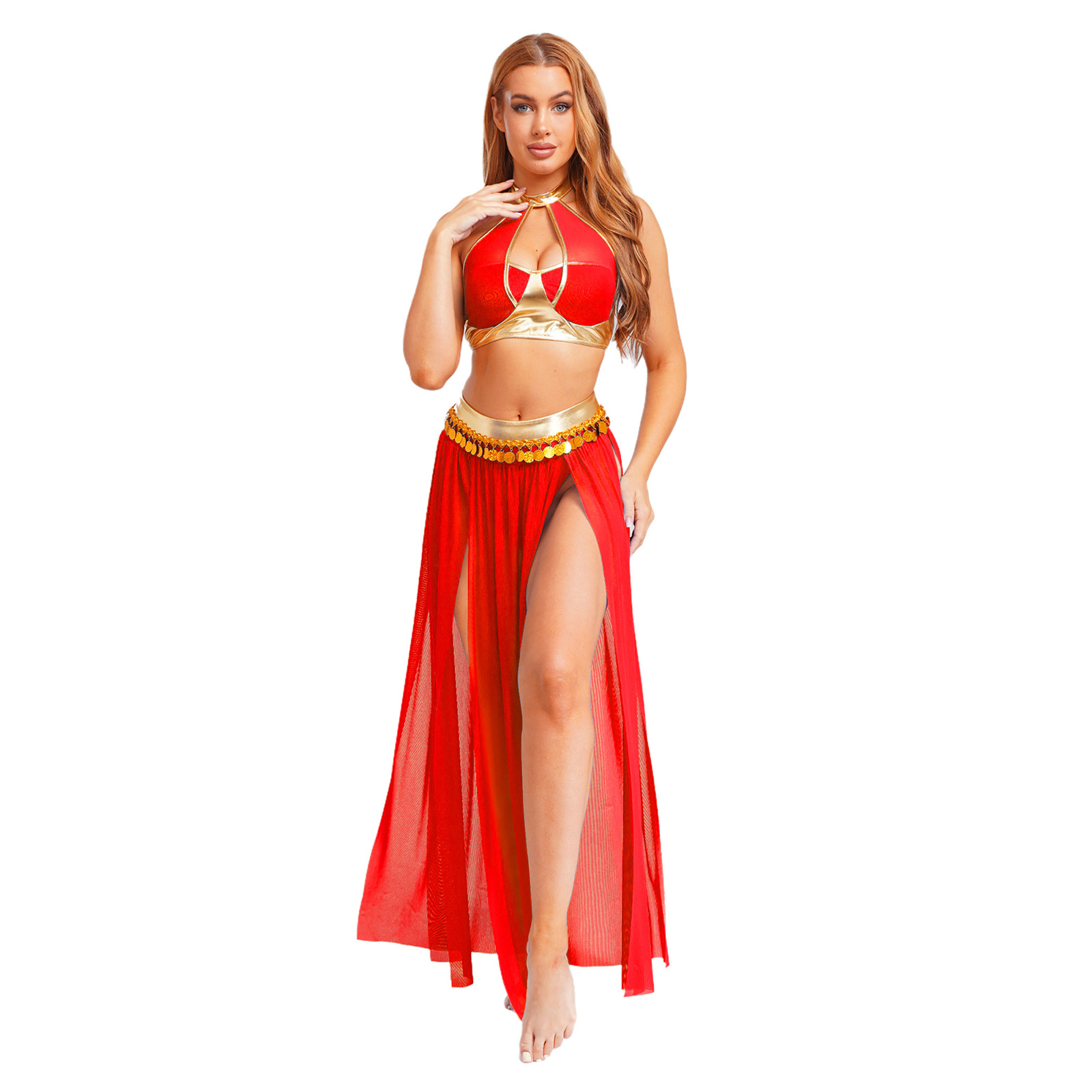 Tenues de danse du ventre orientale pour femmes, haut court dos nu, jupe fendue en maille à franges et paillettes pour spectacle de danse indienne, fête d'Halloween