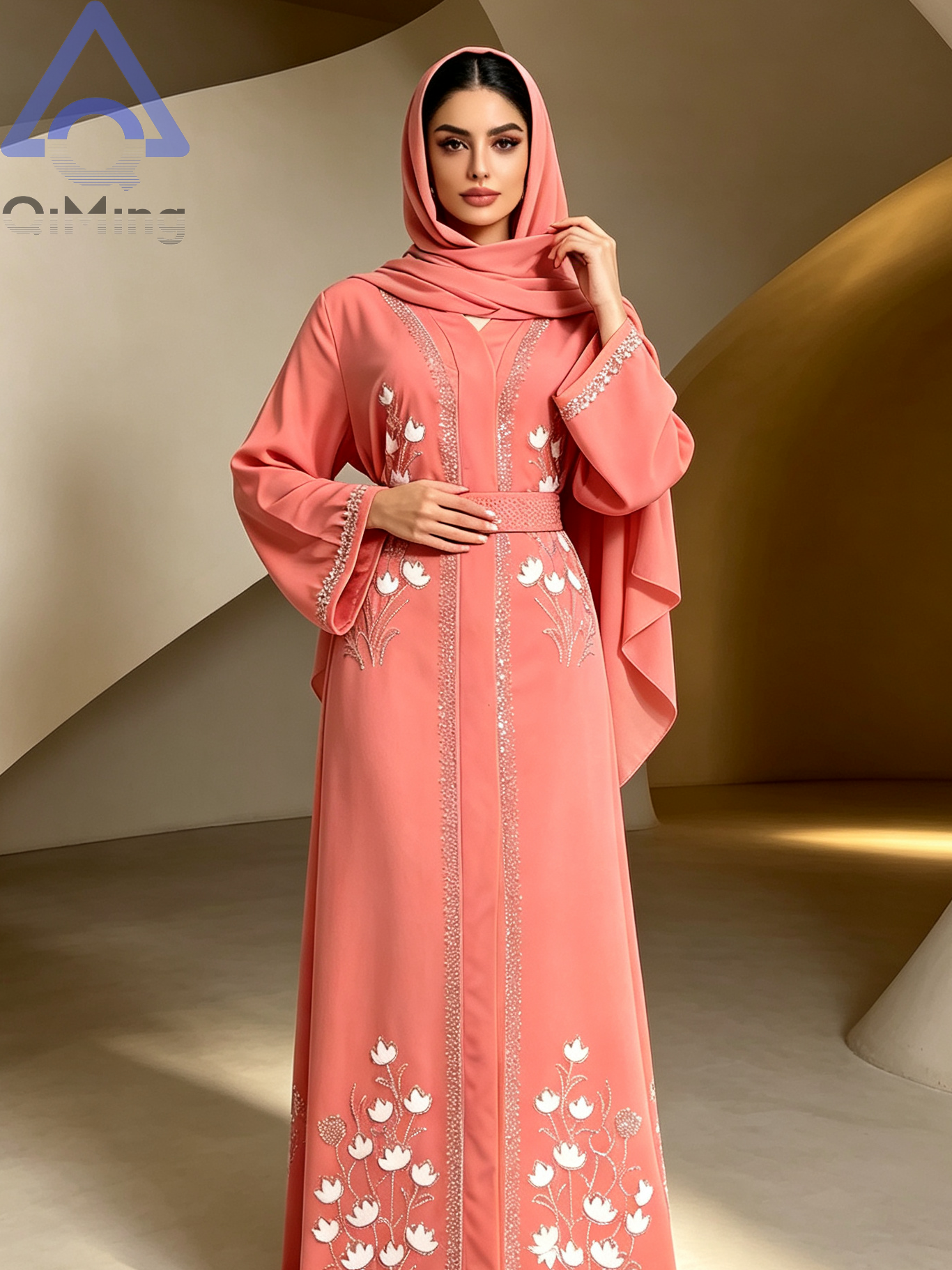 Abaya florale exquise en strass QiMing, Kaftan de Dubaï modeste, Maxi Jalabiya pour femme, Robe de soirée et de fête islamique à manches longues pour l'Aïd