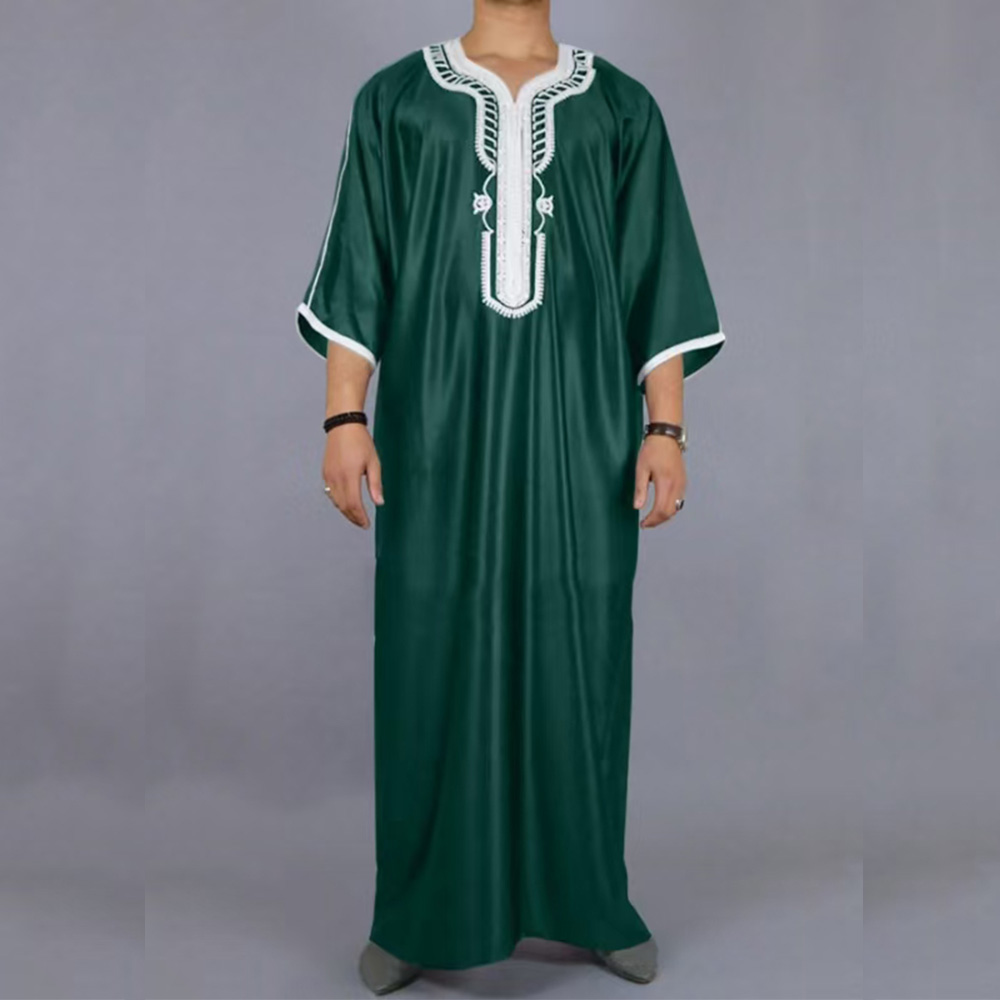 Abaya ample islamique pour hommes, manches courtes, brodé, Style arabe marocain, vêtements musulmans traditionnels pour hommes