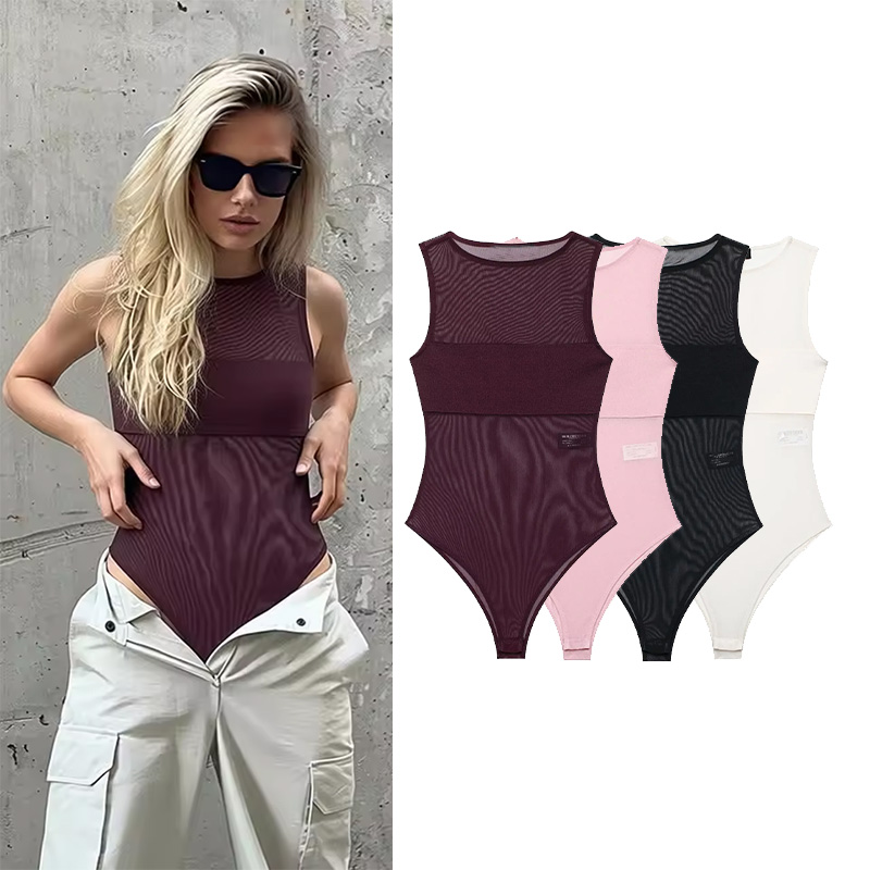 Combinaison en tulle pour femmes, printemps-été, sexy, légère, col rond, sans manches, style plage, combinaison féminine