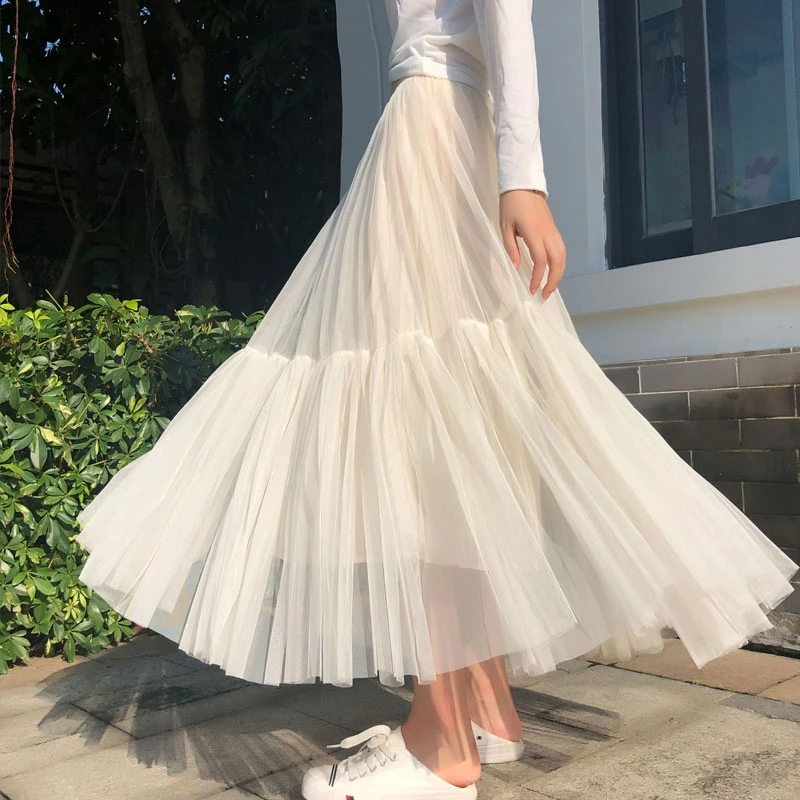 Vintage gothique noir blanc plissé longue Tulle Jupe Tutu Femme taille haute vacances piste maille jupes femmes 2024 Jupe décontracté