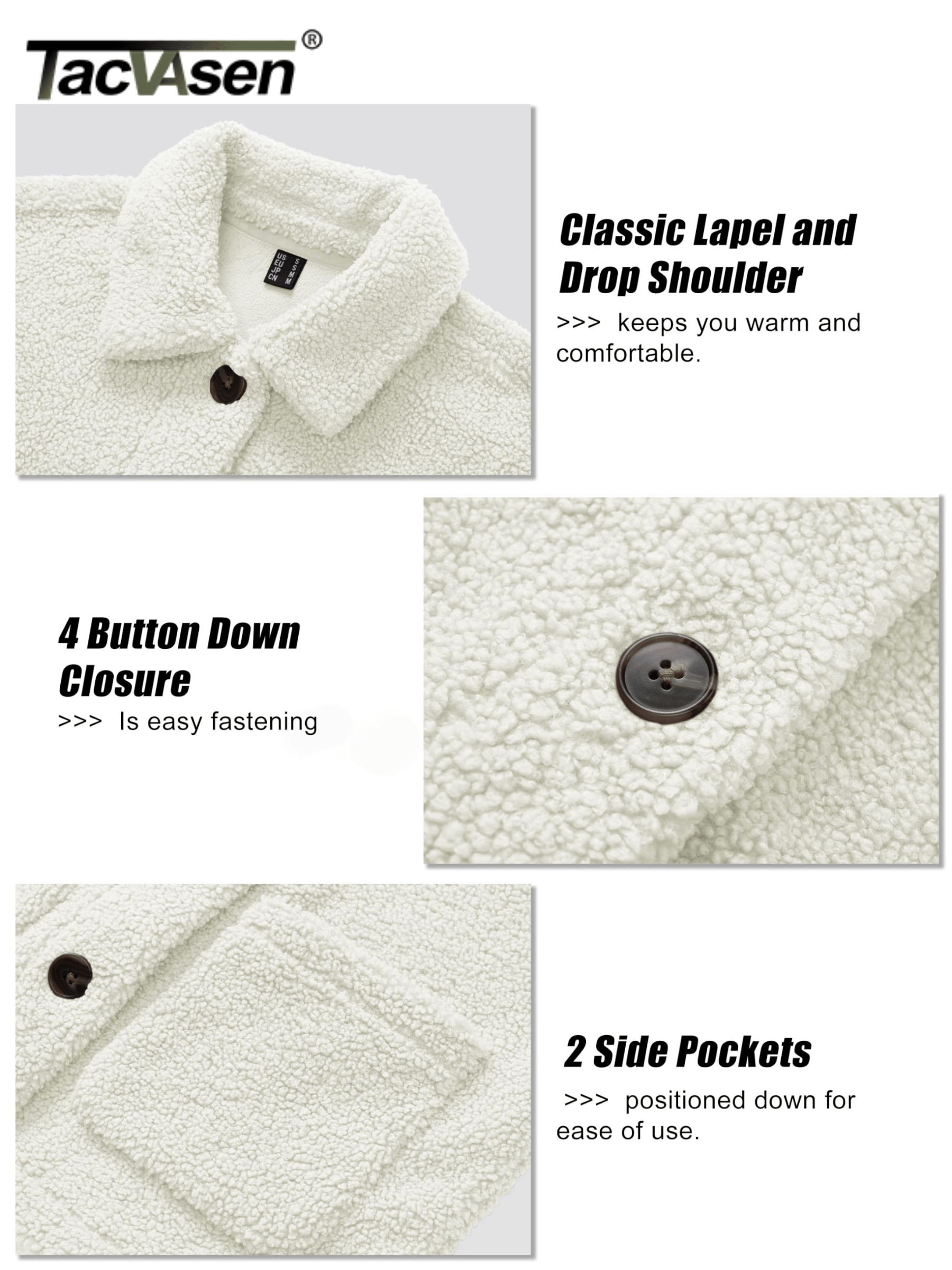 TACVASEN Hiver Sherpa Polaire 4 Boutons Veste Femme Doudoune Thermique Taillée Léger Vêtements Extérieurs 2 Poches Hauts