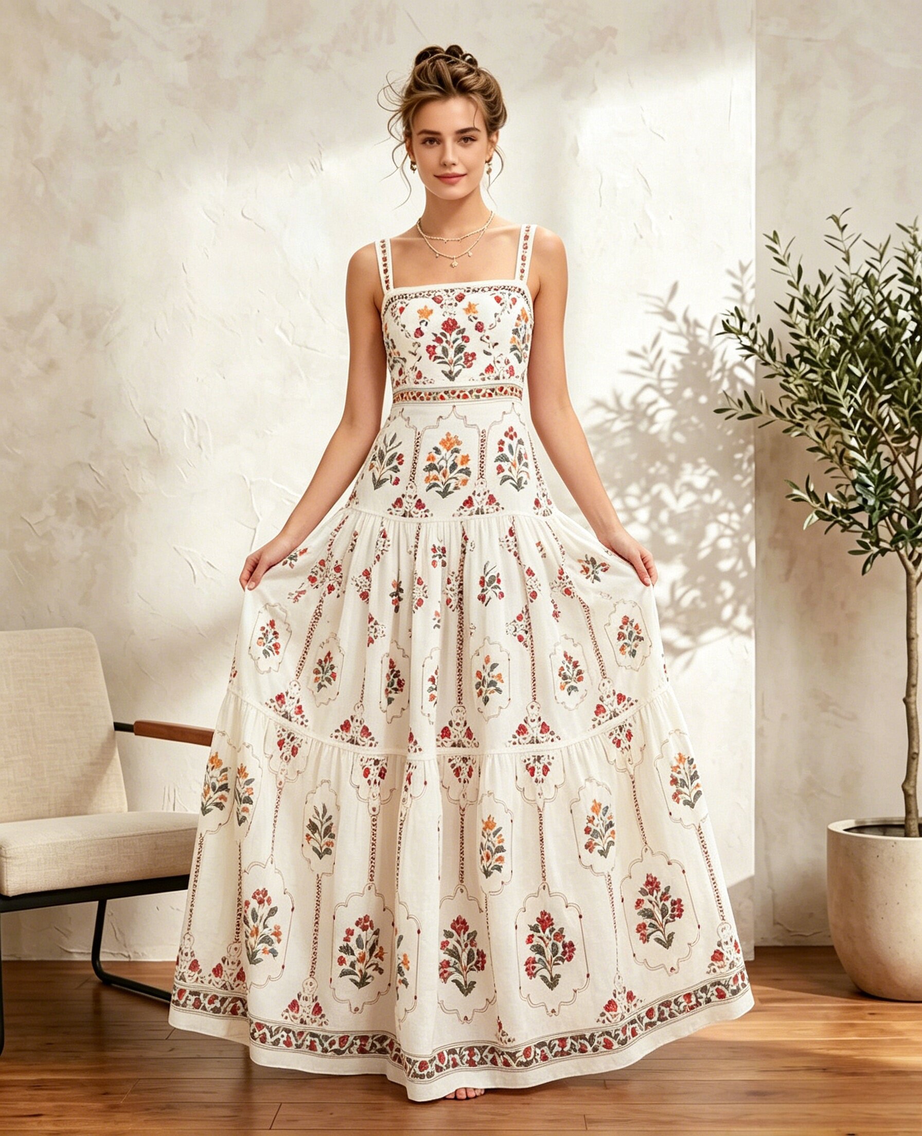 Robe longue maxi bohème pour femme, imprimé floral ethnique vintage, col carré, à volants, élégante pour l'été, les vacances et les fêtes