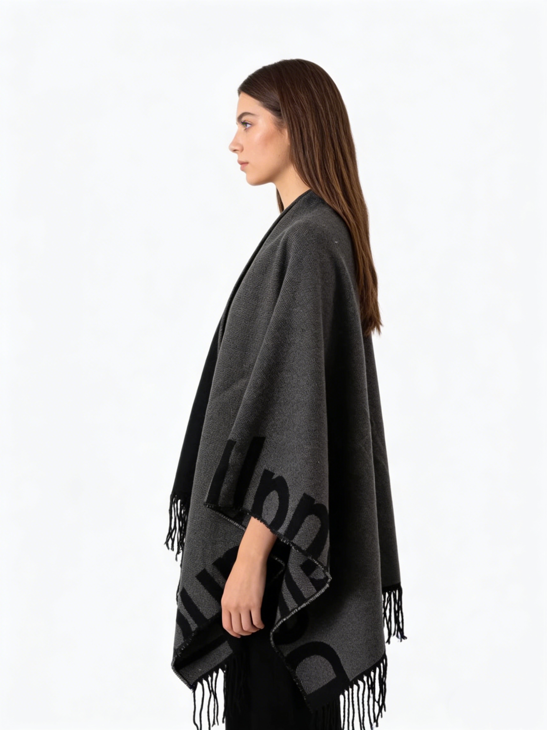 Écharpe châle pour femme, imprimée double face avec pompons, pour la chaleur et la polyvalence, style cape-manteau