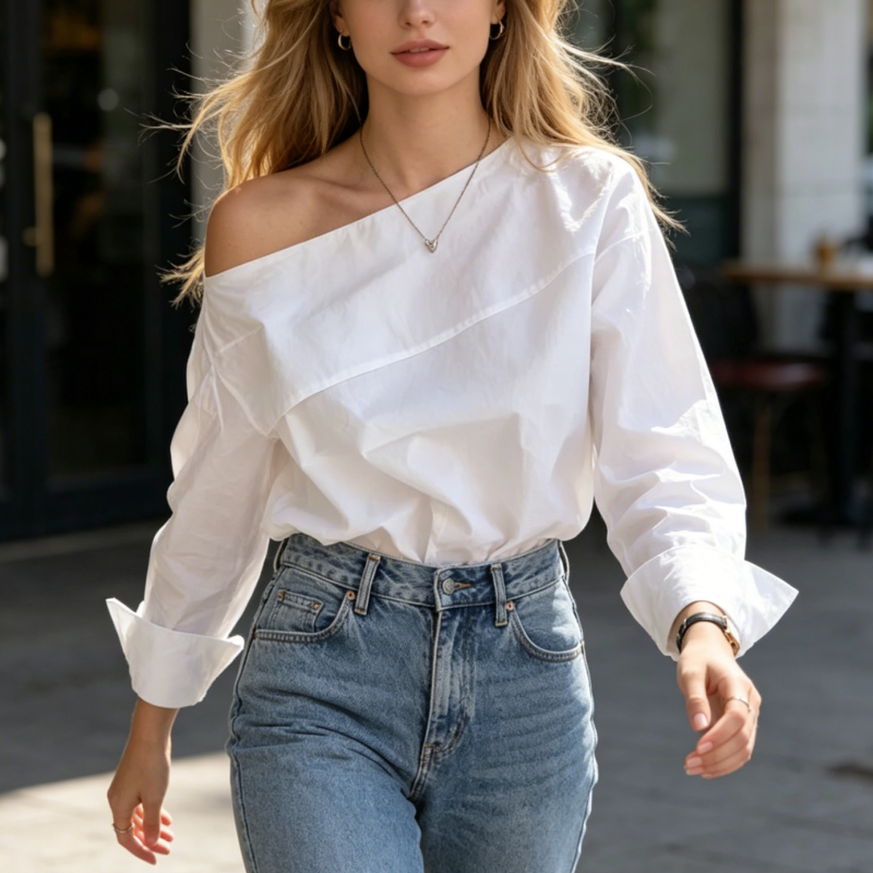 Chemisier blanc décontracté à manches longues et coupe ample pour femme, style minimaliste, asymétrique, épaules dénudées, col asymétrique