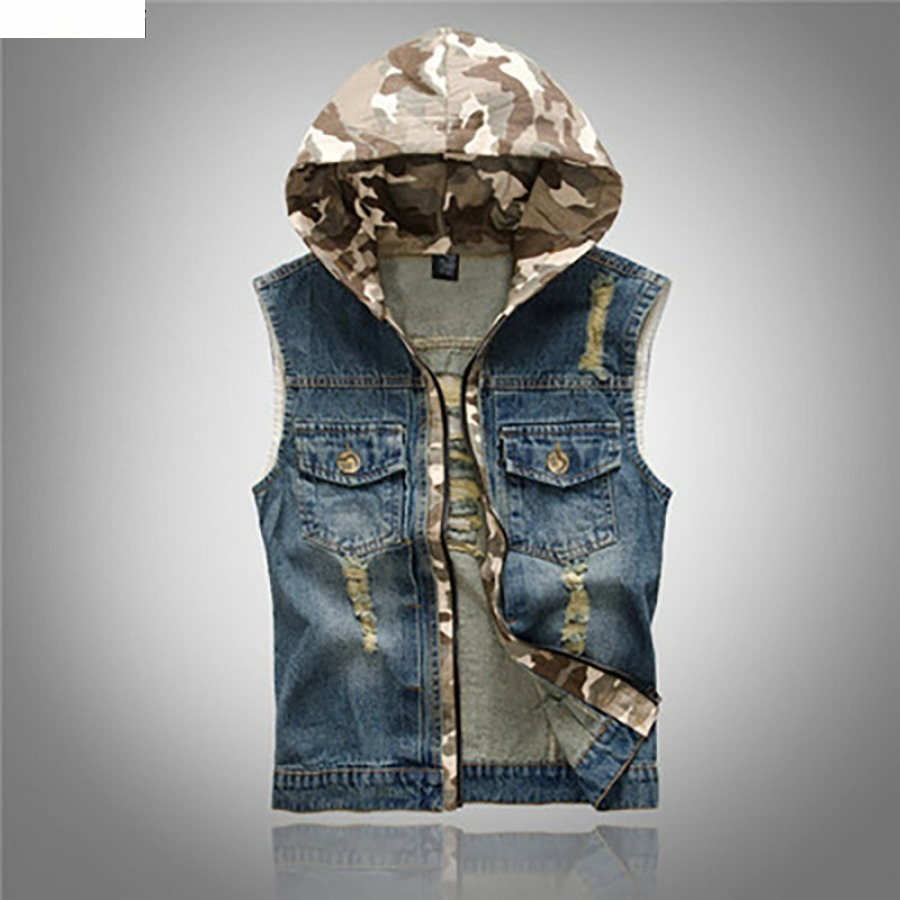 Nouveaux hommes Style coréen gilet mode mince Camouflage gilet à capuche Sport décontracté Denim gilet sans manches vestes pour hommes 5XL
