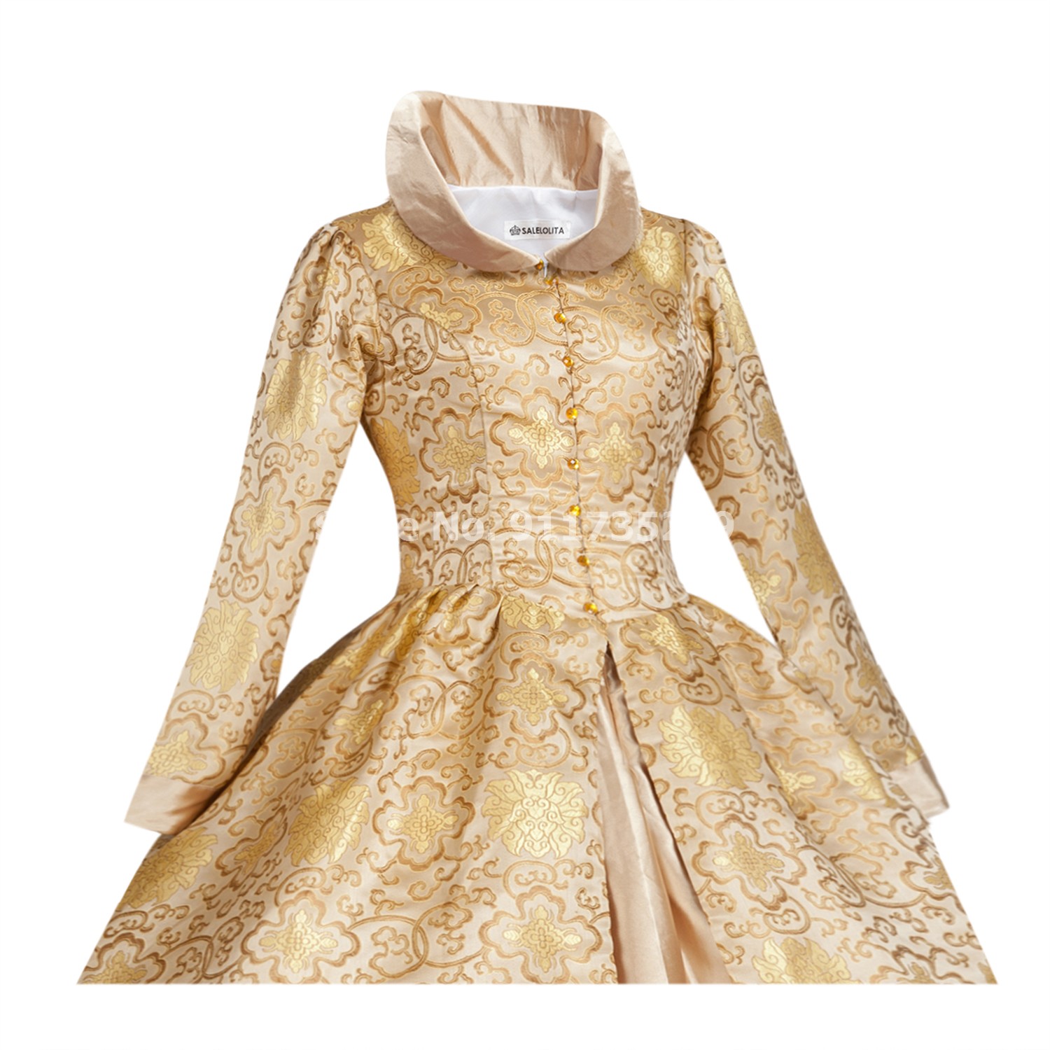 Robe de princesse médiévale imprimée florale dorée, brocart de la reine Elizabeth Tudor, robe de bal gothique victorienne, costume de théâtre