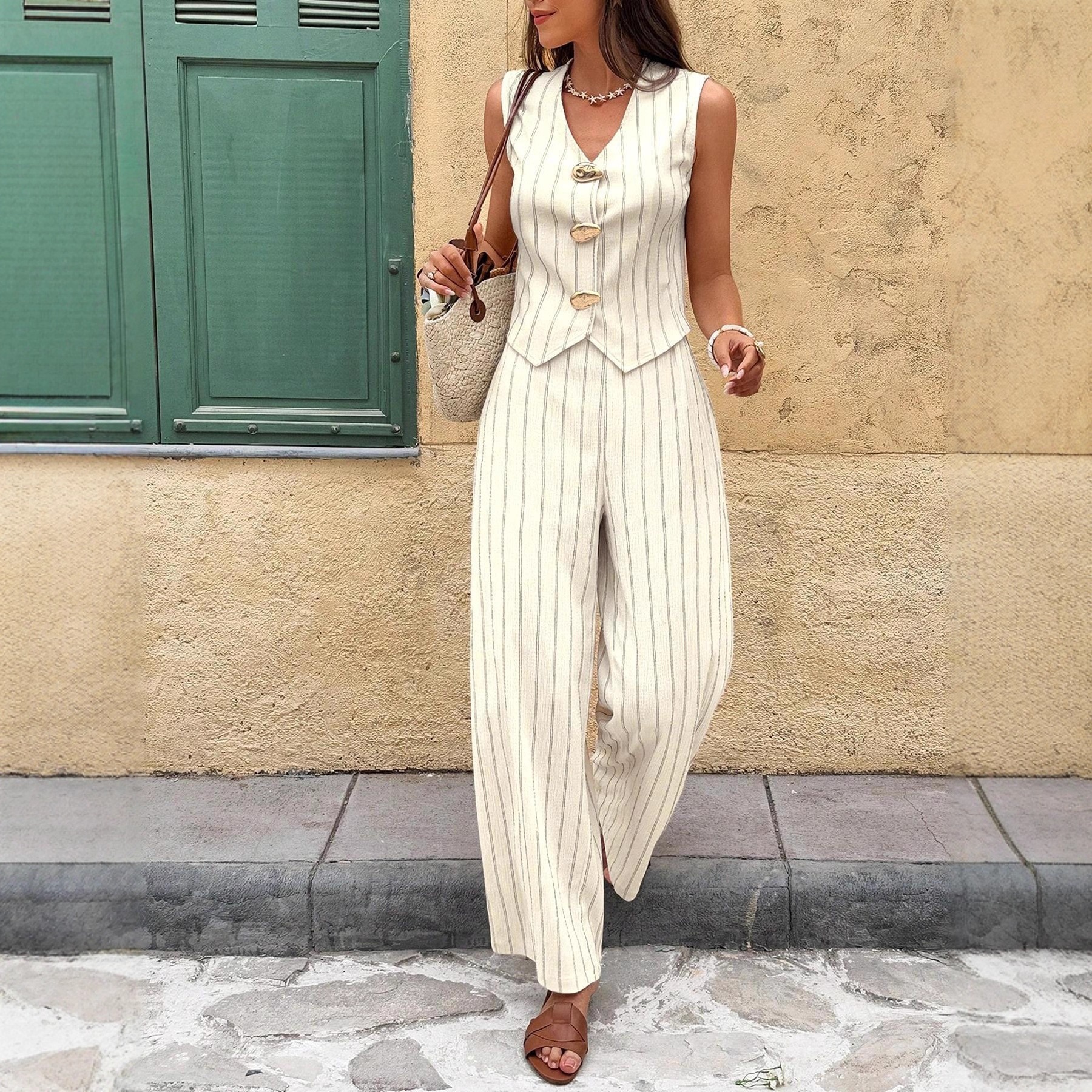 Ensemble 2 pièces rayé pour femme, élégant, col en V, gilet sans manches, pantalon large, tenue décontractée d'été, taille haute, ensembles assortis