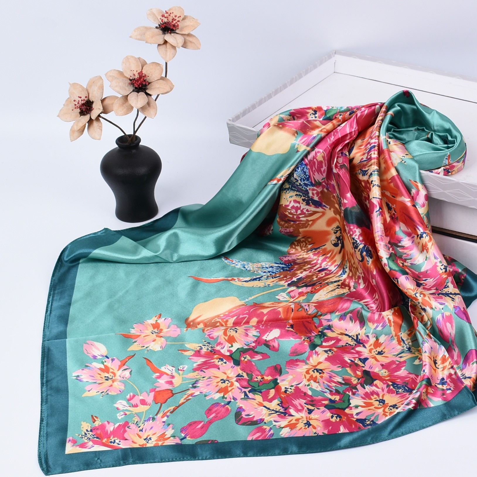 Foulard Carré en Soie de Luxe pour Femme, Écharpe de Tête Quatre Saisons, Hijab, Bandana, Châle 90*90cm