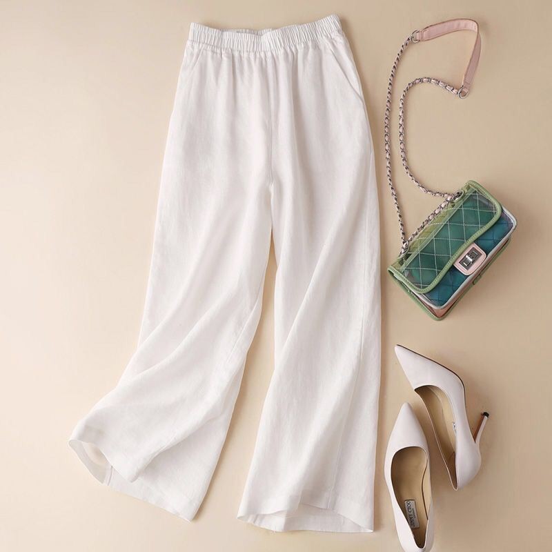 Mode pleine longueur pantalons décontractés pour femmes coton lin pantalon à jambes larges solide pantalon d'été femme ample taille haute pantalon droit