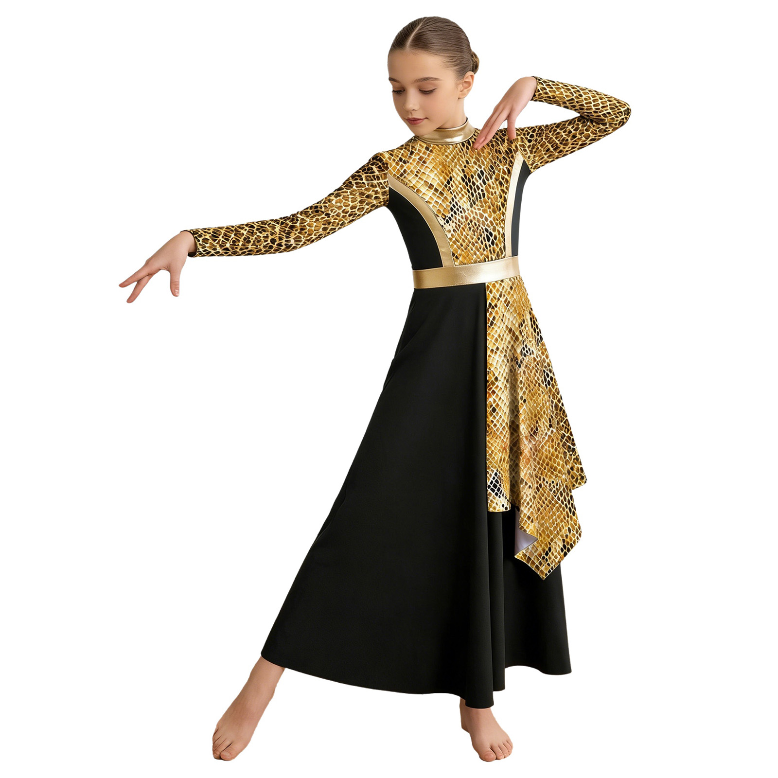 Robe de danse lyrique pour filles, robe de scène à manches longues, imprimé métallique, pour la liturgie, le culte, le chœur d'église