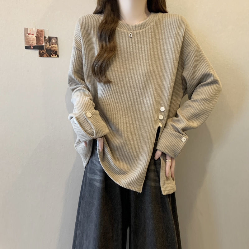 T-shirt à manches longues pour femmes, grande taille, nouvelle collection printemps-automne, décontracté, ample, texture fine, à rayures, fendu
