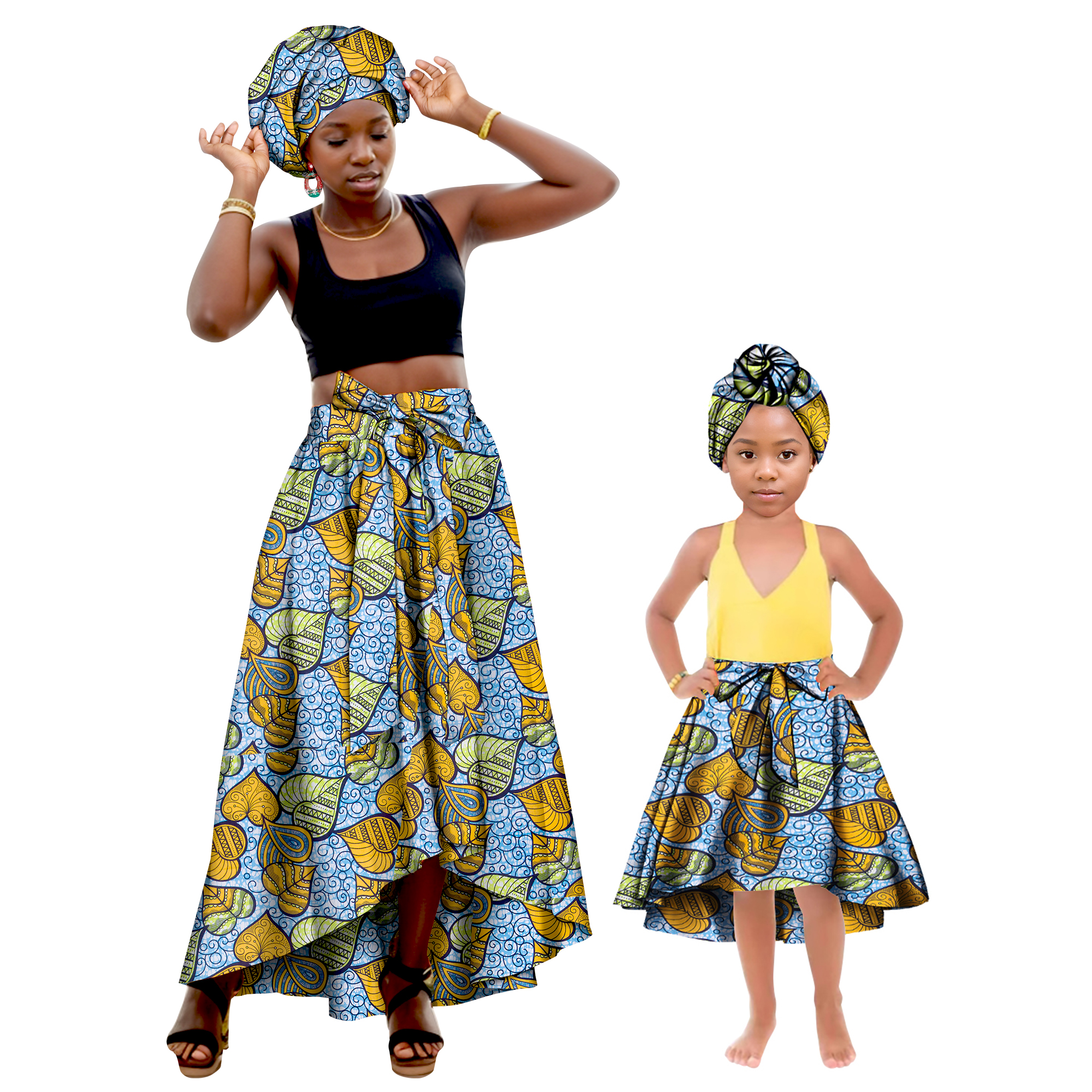 Vêtements assortis pour la famille africaine, mère et fille, bandeau + jupes, robe en coton imprimé africain, jupes de fête pour femmes et filles
