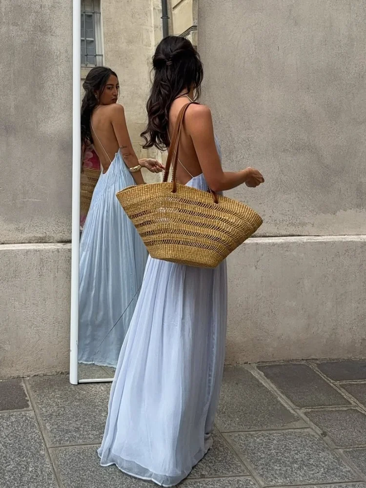 Robes de soirée élégantes pour femmes, sexy, unies, sans manches, plissées, longues, de plage, à bretelles, dos nu, coupe ajustée, pour l'été.