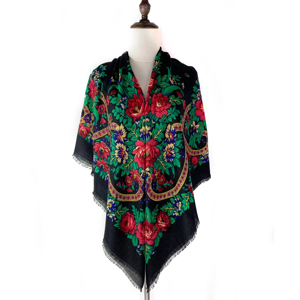 Foulard carré russe respirant et fin 130*130cm pour femme, imprimé floral de luxe, ethnique rétro, bandana, châle, étole de plage