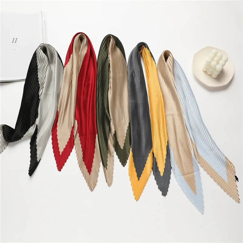 70*70 cm foulard doux deux couleurs épissage foulard décoratif femmes Hijab foulards froissé plissé foulard en soie Satin Hijab