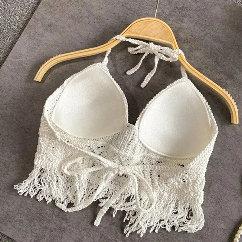 Sexy Boho plage vacances Camisole licou femmes Crochet tricot maillot de bain soutien-gorge dos nu gilet creux gland débardeur femmes hauts courts