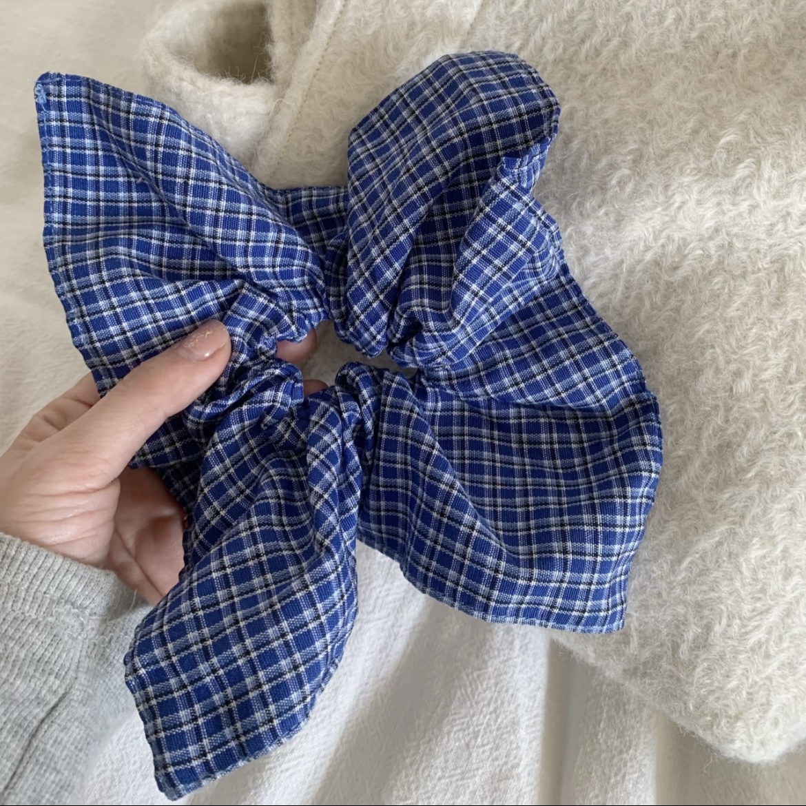 Preppy – chouchou à carreaux bleus de Style Preppy, cravate à cheveux en forme de grand nœud, accessoire de cheveux mignon et rétro pour femmes