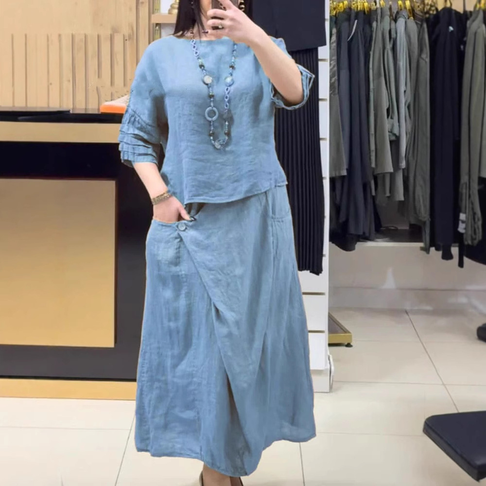 Ensemble jupe deux pièces pour femmes, hauts amples et solides, pull-over, chemise, costumes, poches décontractées, jupes chics, taille haute, Streetwear, tenues d'été