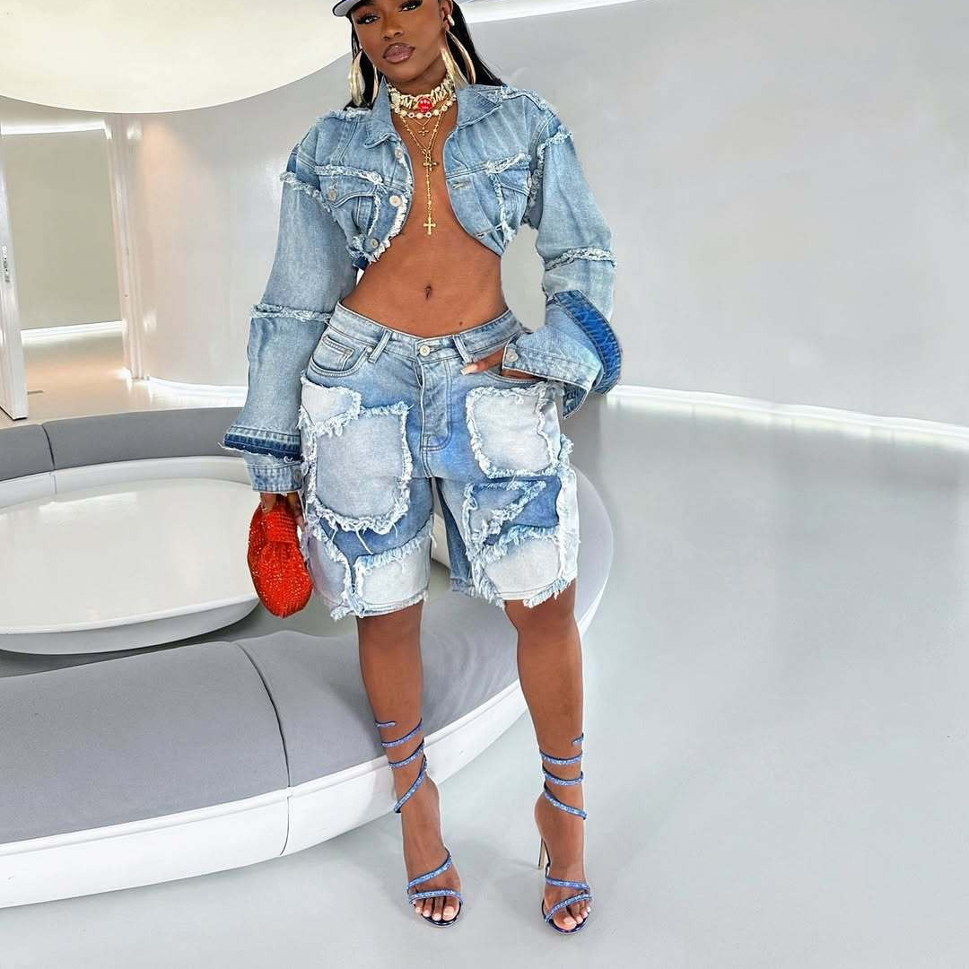Ensemble deux pièces en Denim pour femmes, short et pantalon, col rabattu, ensembles assortis, hauts, longueur aux genoux, taille haute, Streetwear Y2k