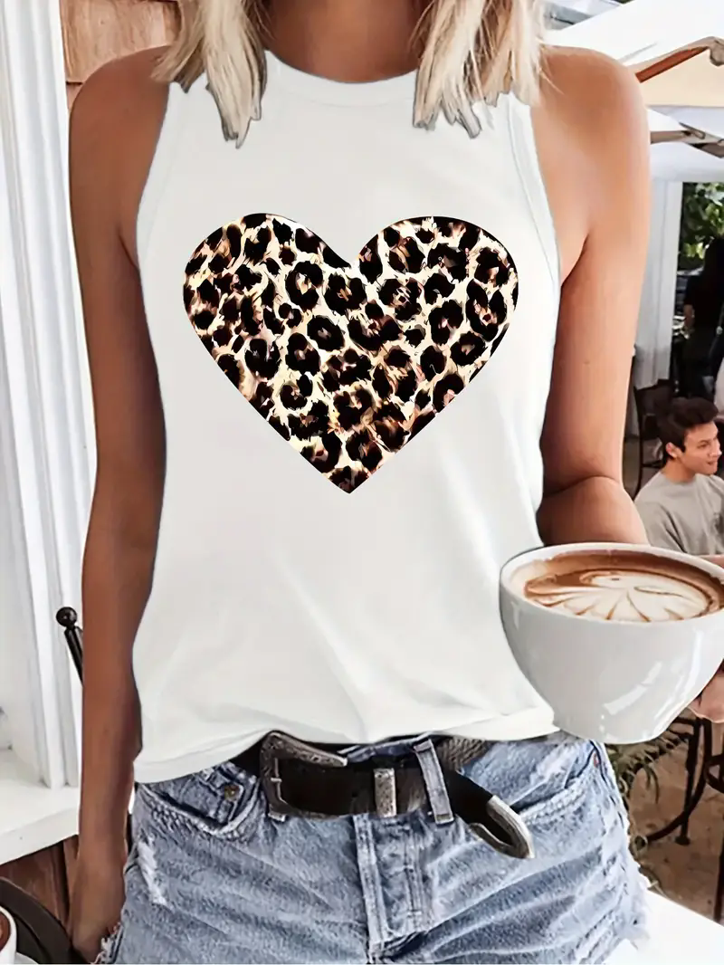 T-shirt imprimé léopard et cœur pour femmes, débardeur sans manches, col rond, haut décontracté pour l'été et le printemps