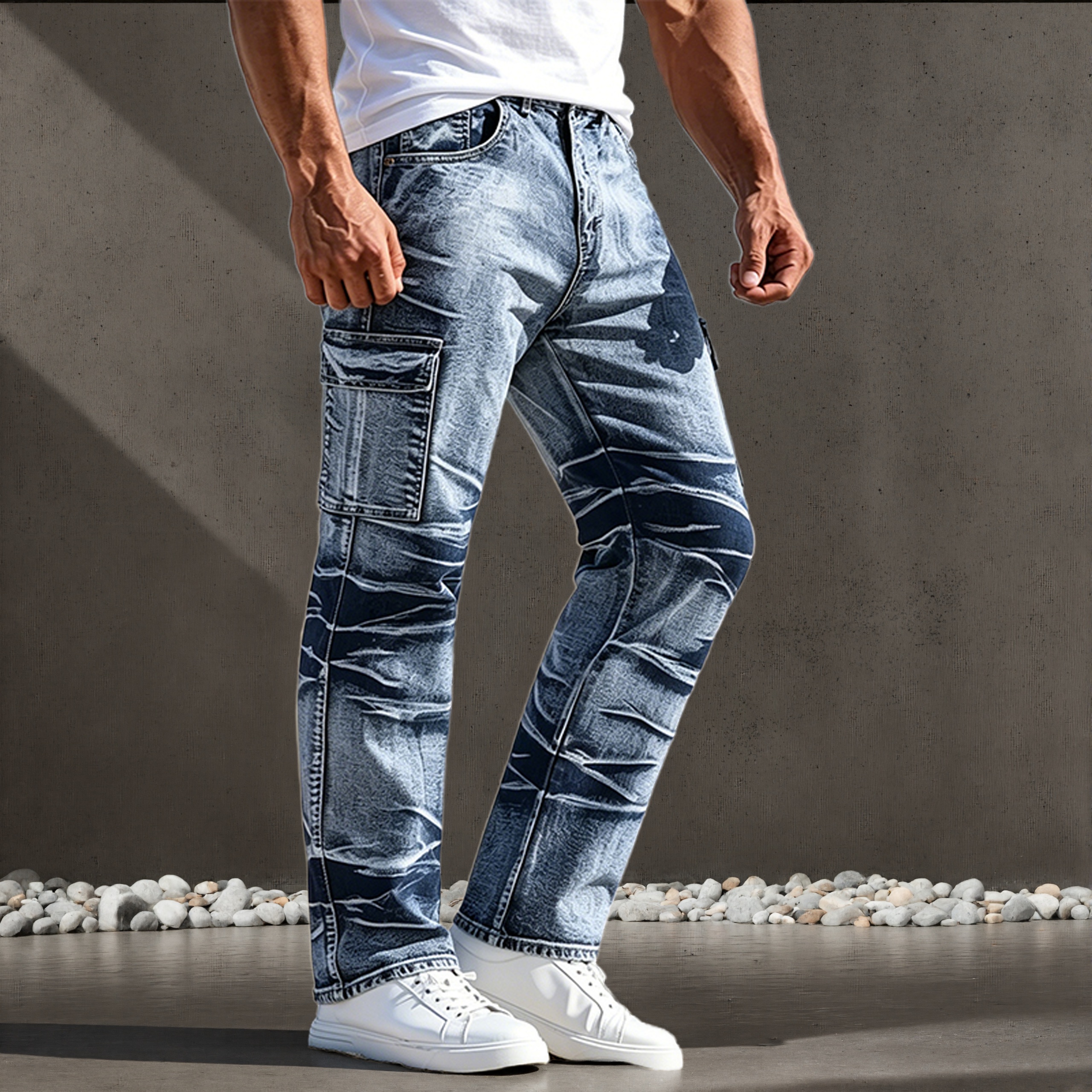 Jeans pour hommes, style décontracté américain, design multi-poches, pantalon droit simple et polyvalent, adapté à toutes les saisons