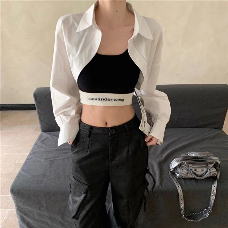 Chemises Super courtes pour femmes, Streetwear, taille haute, manches longues, couleur unie, hauts courts assortis, nouvelle mode d'été