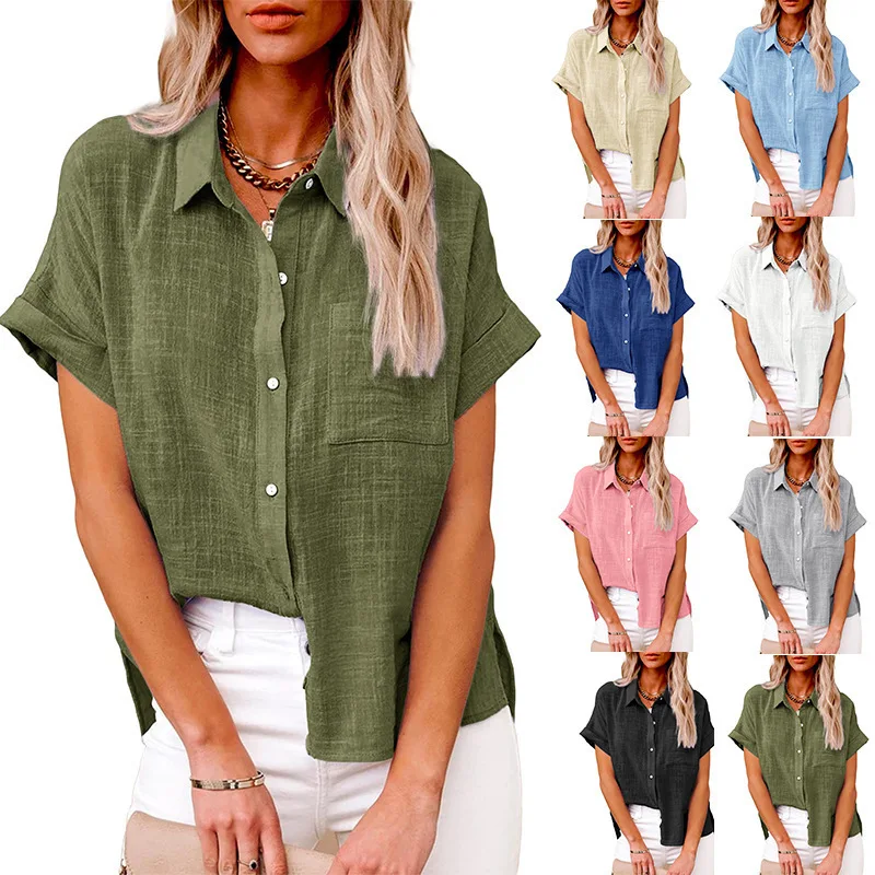 Femmes T-shirt médicaments L-5XL plus taille populaire européenne et américaine médicaments d'été coton et lin poche boutons à manches courtes