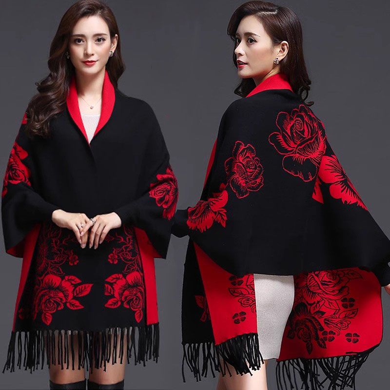 Châle pour femme, automne-hiver, style veste cape, cardigan en tricot ample à franges, pull en laine épais, réversible, manteau châle, vêtement d'extérieur