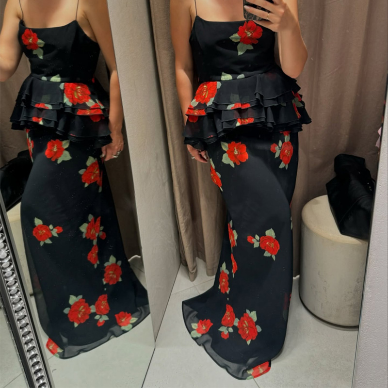 Élégant haut à volants jupe ensemble femmes Chic imprimé sans manches dos nu fronde haut hanche paquet jupe longue ensembles 2025 été dame robe